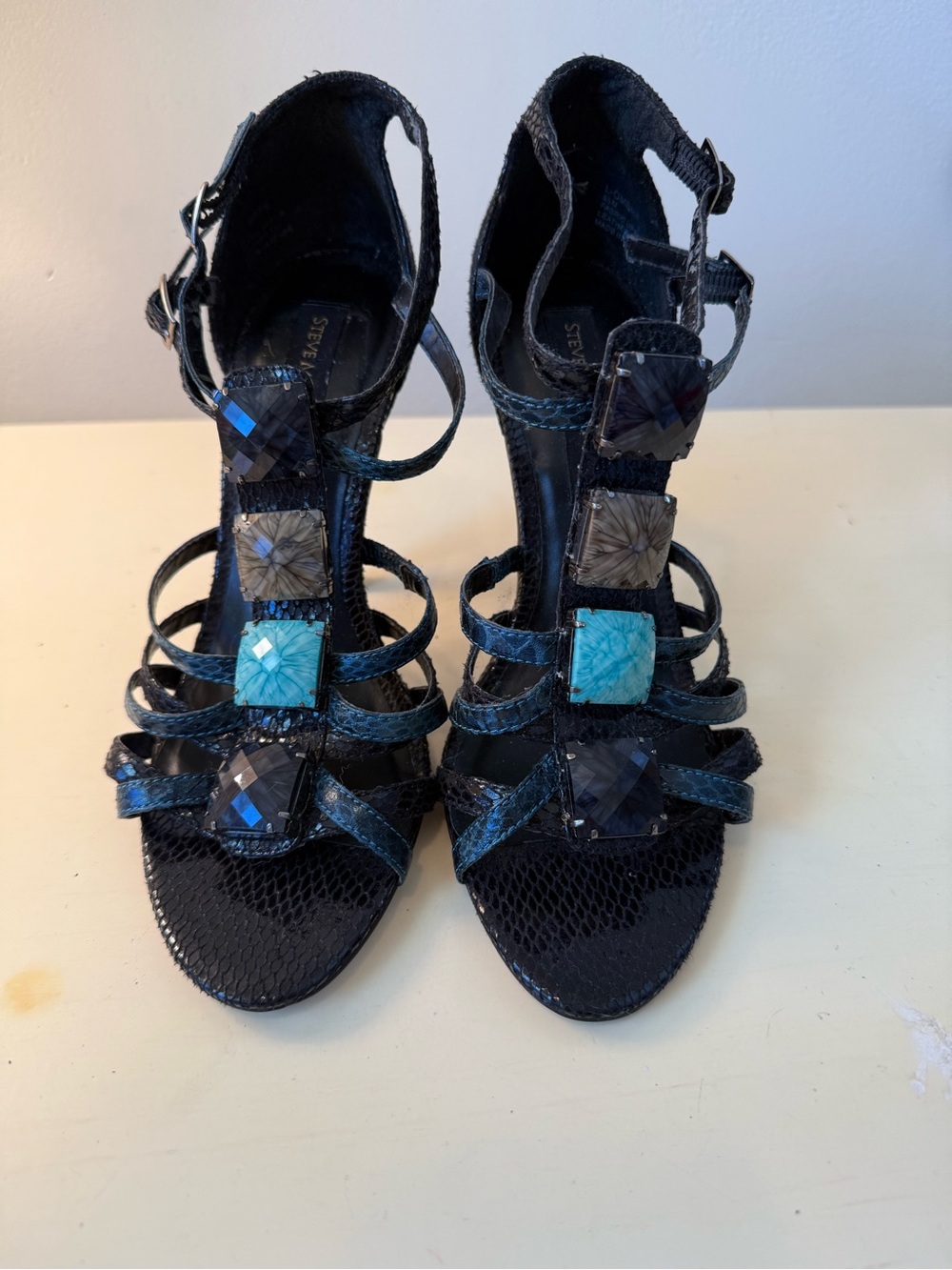 Steve Madden Luxe L’Ombre Black Jeweled Strappy Heels